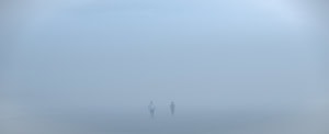 Plage panoramique dans un brouillard bleu très dense. Un homme en polo blanc marche vers le photographe et croise une femme.