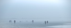 Plage panoramique dans un brouillard bleu dense. Plusieurs joggeurs et marcheurs avancent sur le rivage, dispersés dans la brume.